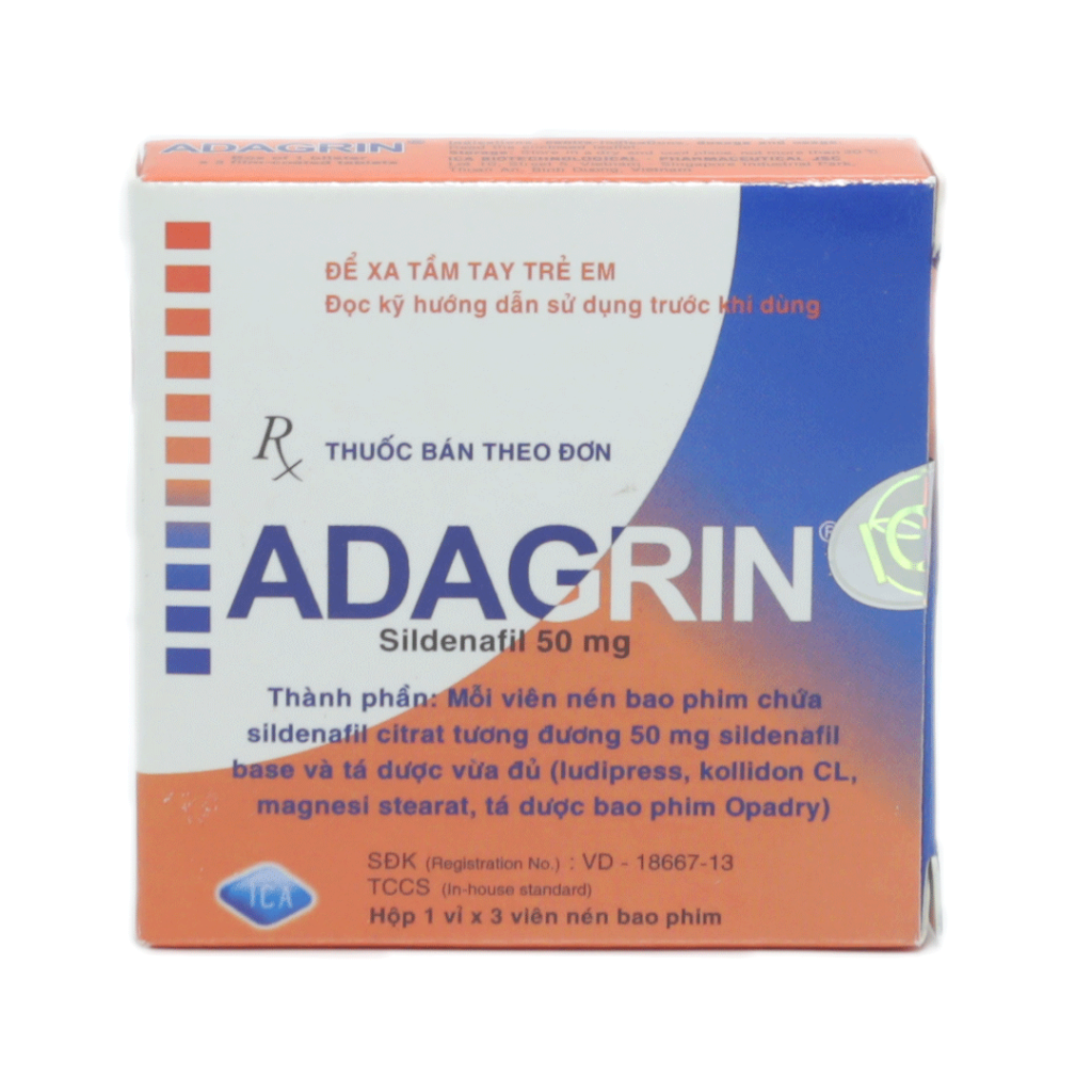 Thuốc Viên Nén Bao Phim Adagrin 50mg ICA Điều Trị Rối Loạn Cương Dương – Hộp 3 Viên