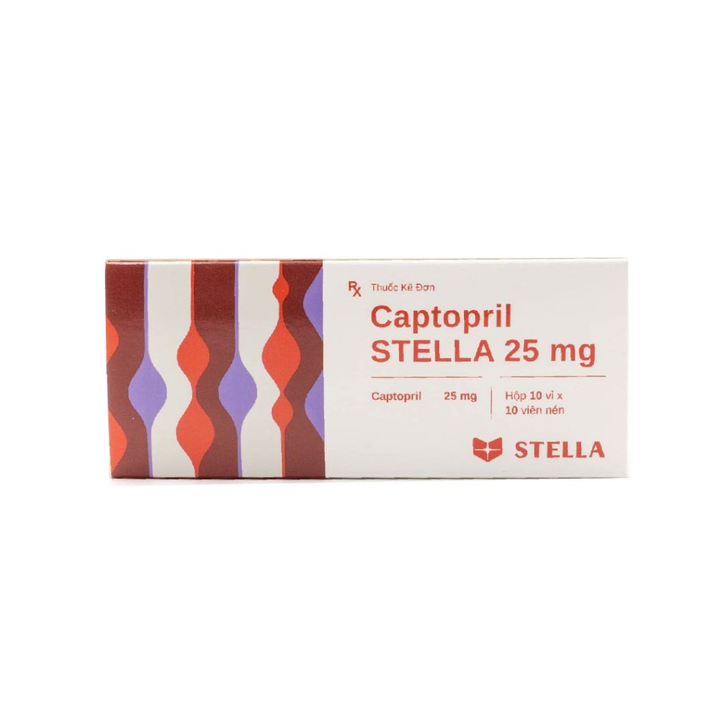 Thuốc viên nén Captopril 25mg Stella điều trị tăng huyết áp, suy tim – 10 vỉ x 10 viên