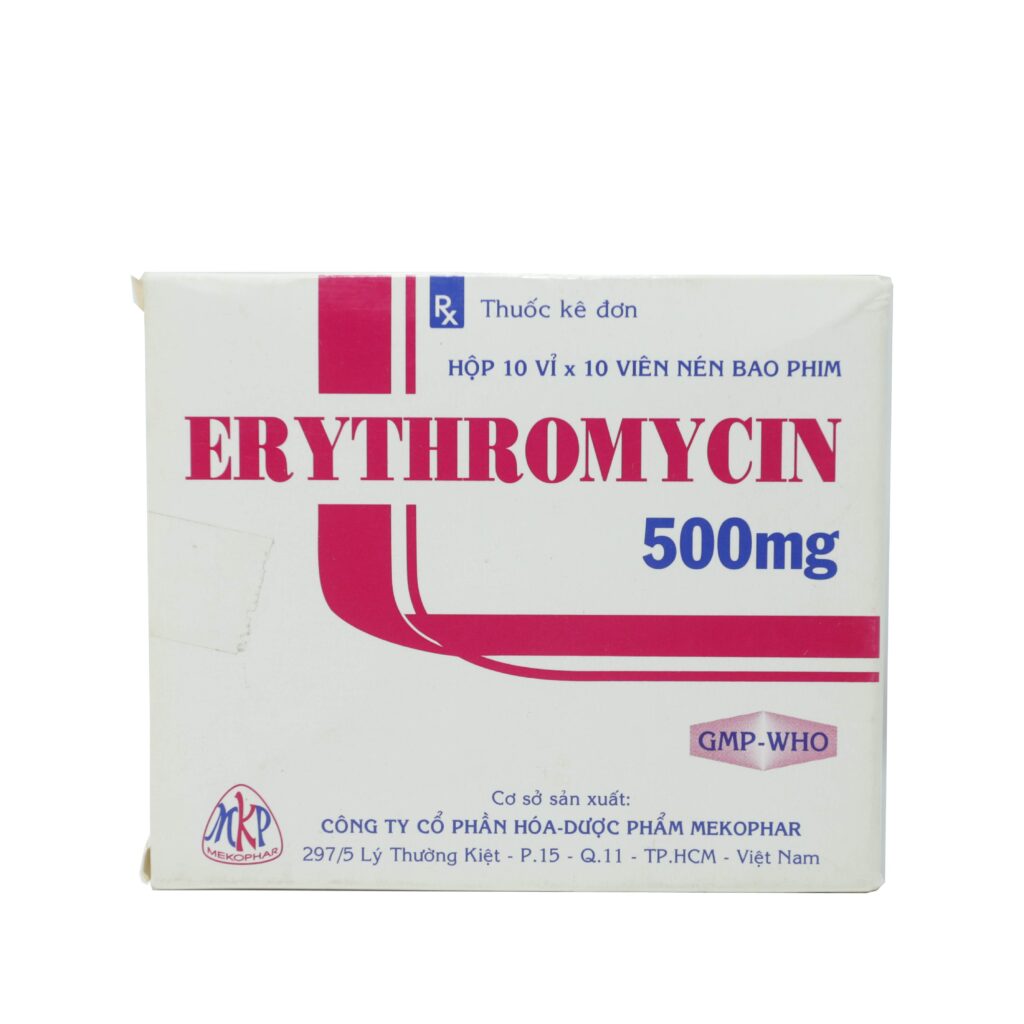 Thuốc viên nén bao phim Erythromycin 500mg Mekophar điều trị viêm xoang, nhiễm trùng sinh dục – 10 vỉ x 10 viên