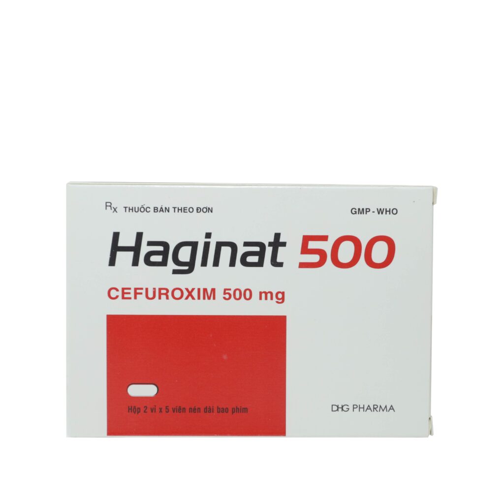 Thuốc viên nén bao phim Haginat 500mg DHG  điều trị viêm xoang, viêm phổi, viêm phế quản – 2 vỉ x 5 viên