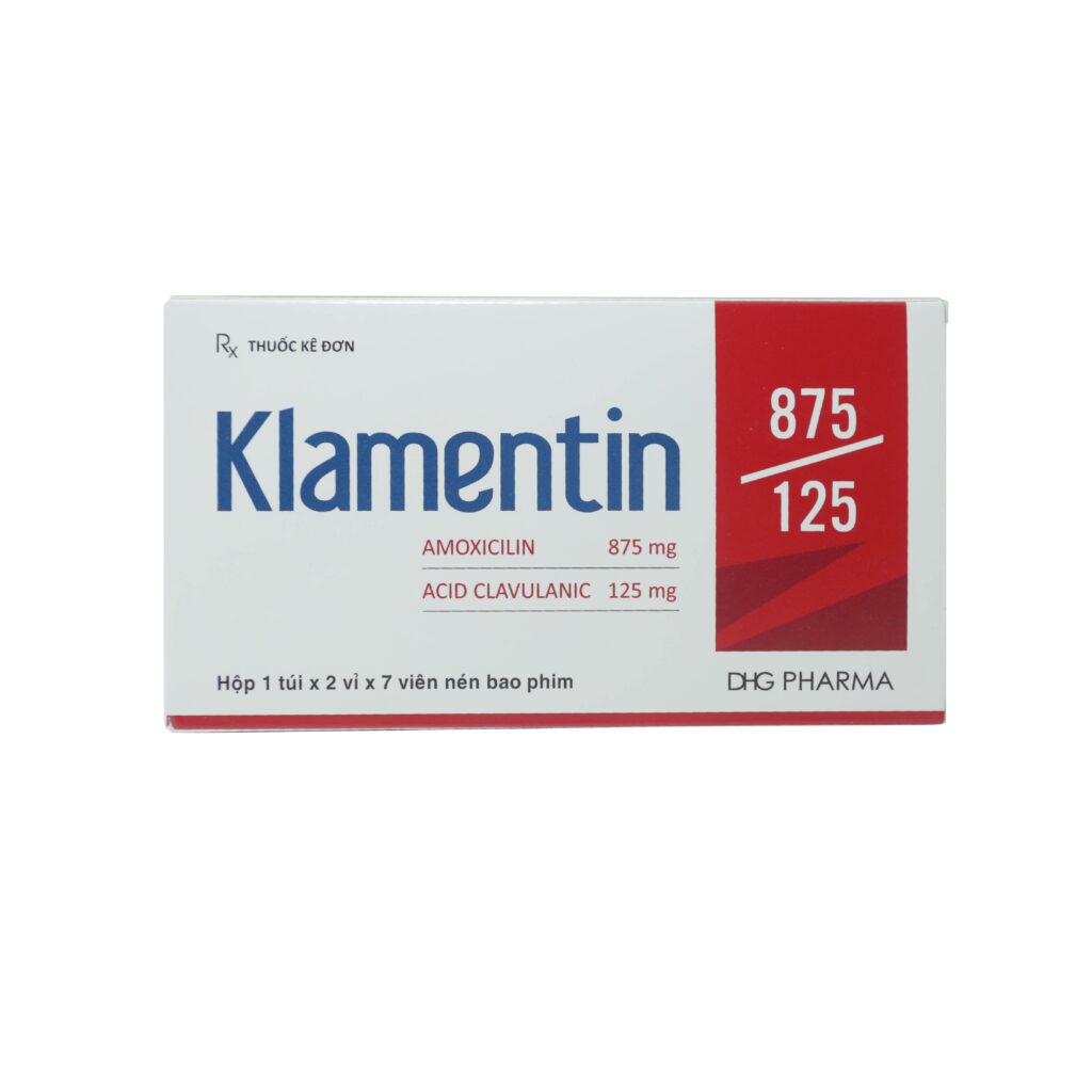 Thuốc viên nén bao phim Klamentin 875/125mg DHG điều trị viêm xoang, viêm phổi, viêm tai giữa – 2 vỉ x 7 viên