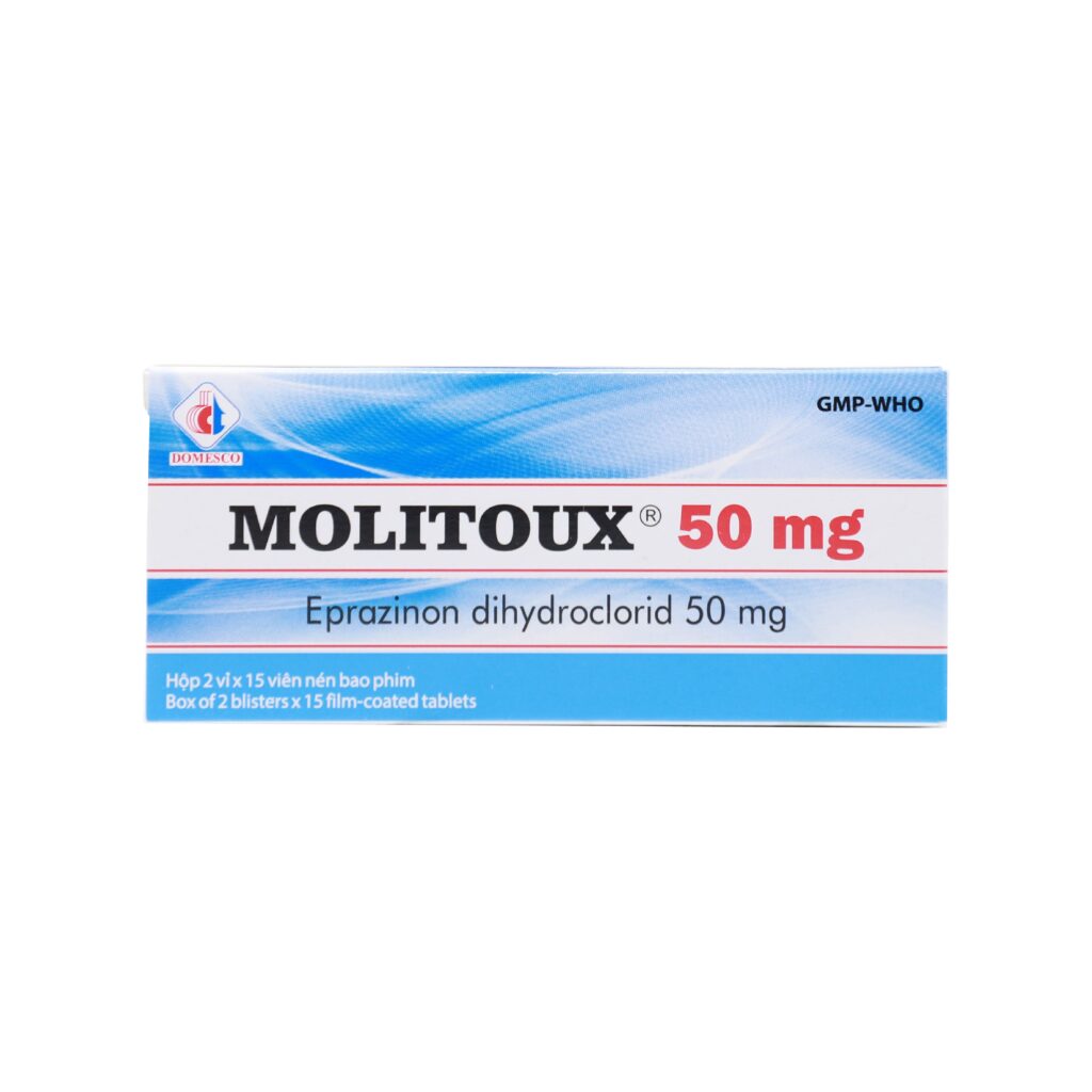 Thuốc viên nén bao phim Molitoux 50mg Domesco điều trị viêm phế quản, viêm họng – 2 vỉ x 15 viên