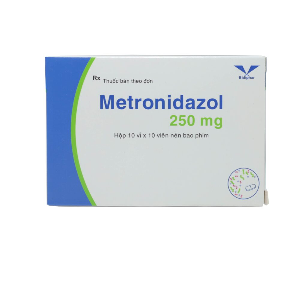 Thuốc viên nén bao phim Metronidazol 250mg Bidiphar điều trị nhiễm khuẩn xương khớp, nhiễm khuẩn ổ bụng – 10 vỉ x 10 viên