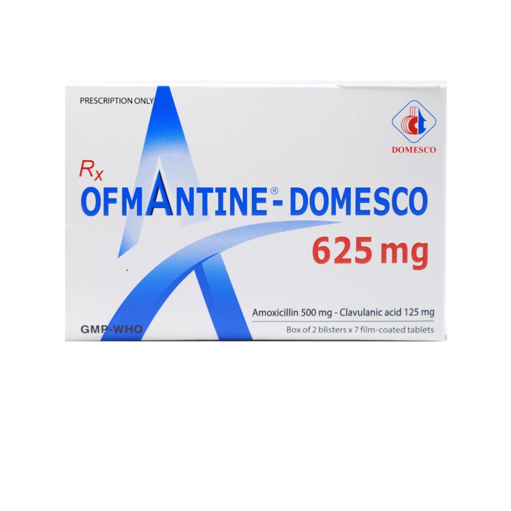 Thuốc viên nén bao phim Ofmantine 625mg Domesco điều trị viêm xoang, viêm phổi – 2 vỉ x 7 viên