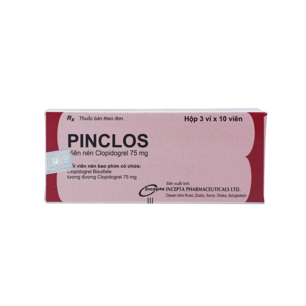 Thuốc viên nén bao phim Pinclos 75mg điều trị dự phòng huyết khối, nhồi máu cơ tim, đột quỵ – 3 vỉ x 10 viên