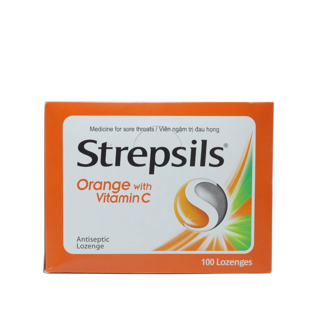 Thuốc viên ngậm Strepsils Orange With Vitamin C điều trị đau họng, kháng khuẩn – 50 vỉ x 2 viên