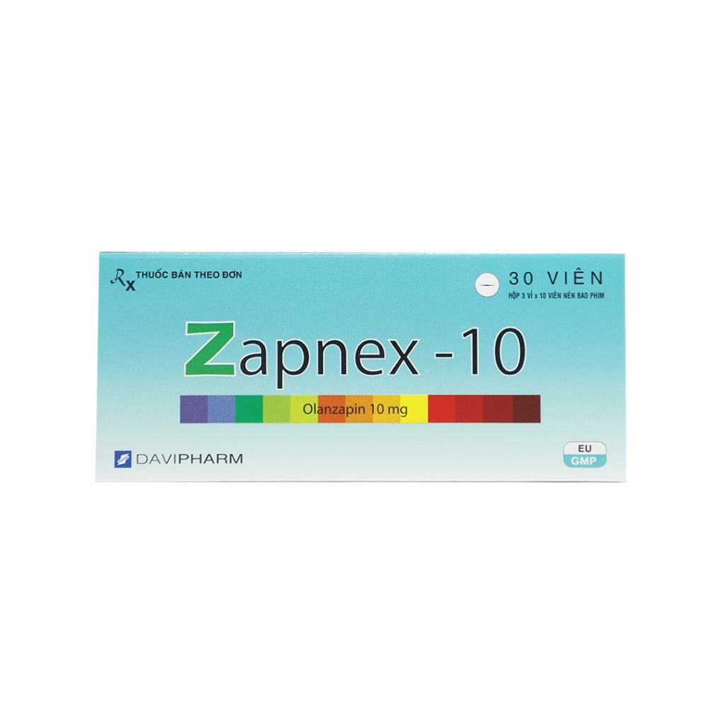 Thuốc viên nén bao phim Zapnex 10mg Davi điều trị tâm thần phân liệt, hưng cảm, rối loạn lưỡng cực – 3 vỉ x 10 viên