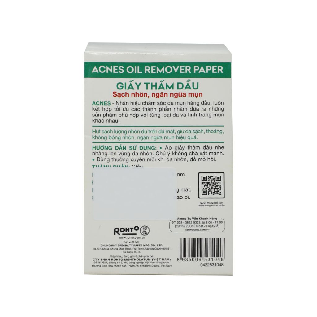 Giấy thấm dầu Acnes Oilremover Paper Rohto giúp kiểm soát nhờn, ngăn ngừa mụn – 1 gói x 50 Miếng