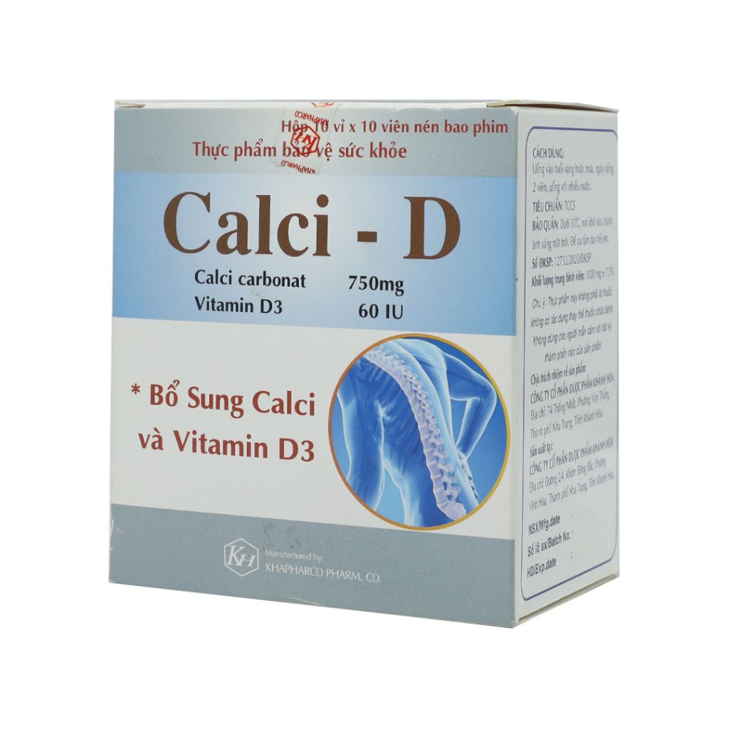 Thuốc viên nén bao phim Calci D 750mg/60iu Khapharco điều trị bổ sung calci, vitamin D3 – 10 vỉ x 10 viên