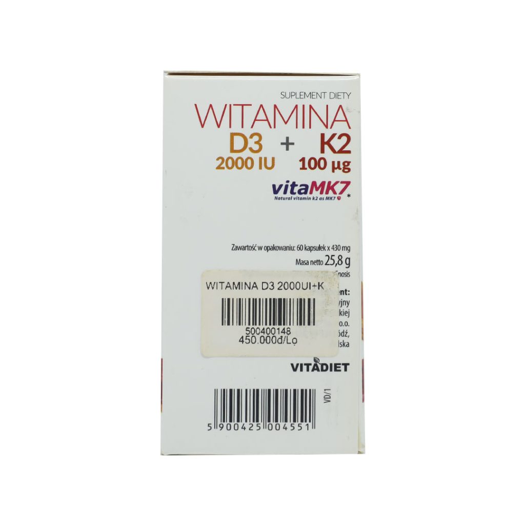 Viên nang Witamina D3 2000ui+K2 100mcg Ichem bổ sung vitamin K2, vitamin D3, hỗ trợ tăng cường hấp thu calci – Hộp 60 viên