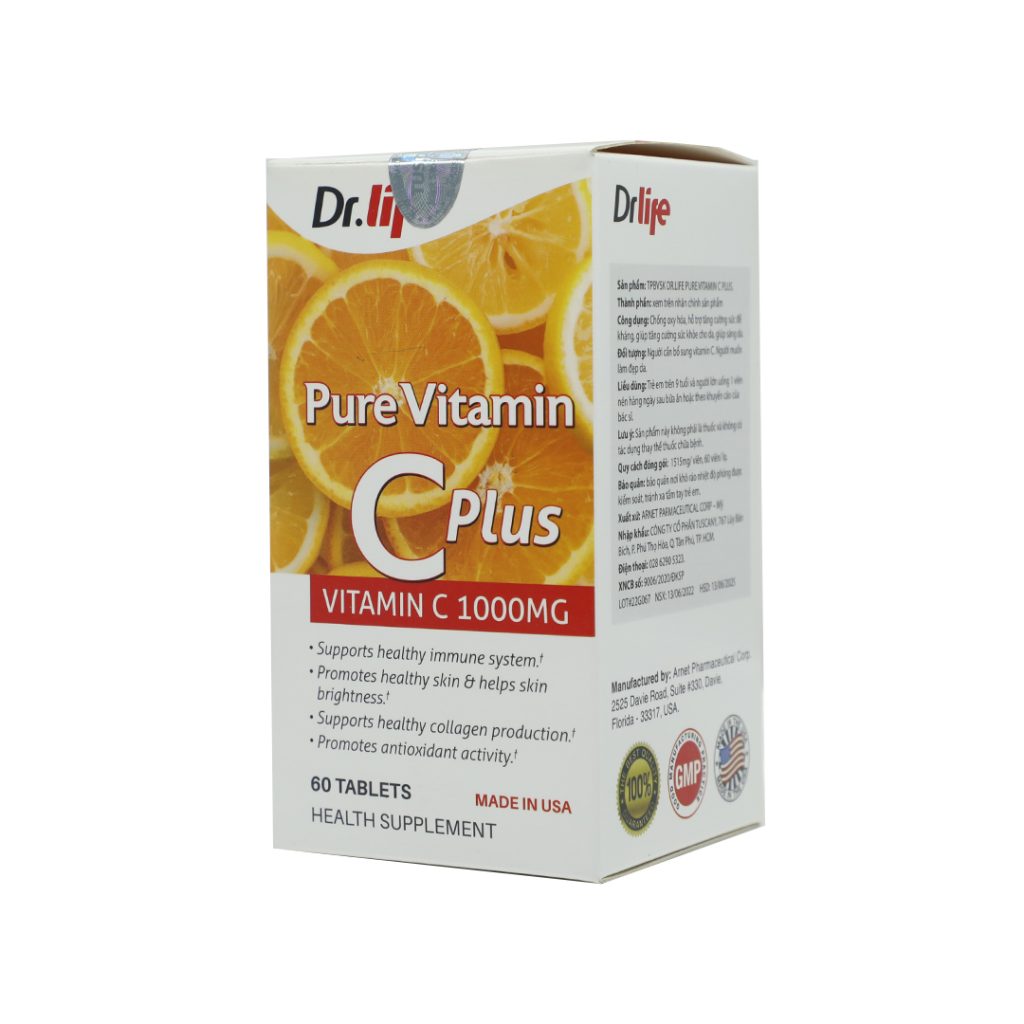 Viên Uống Pure Vitamin C Plus Dr.Life Hỗ Trợ Chống Oxy Hóa, Trắng Da – Chai 60 Viên