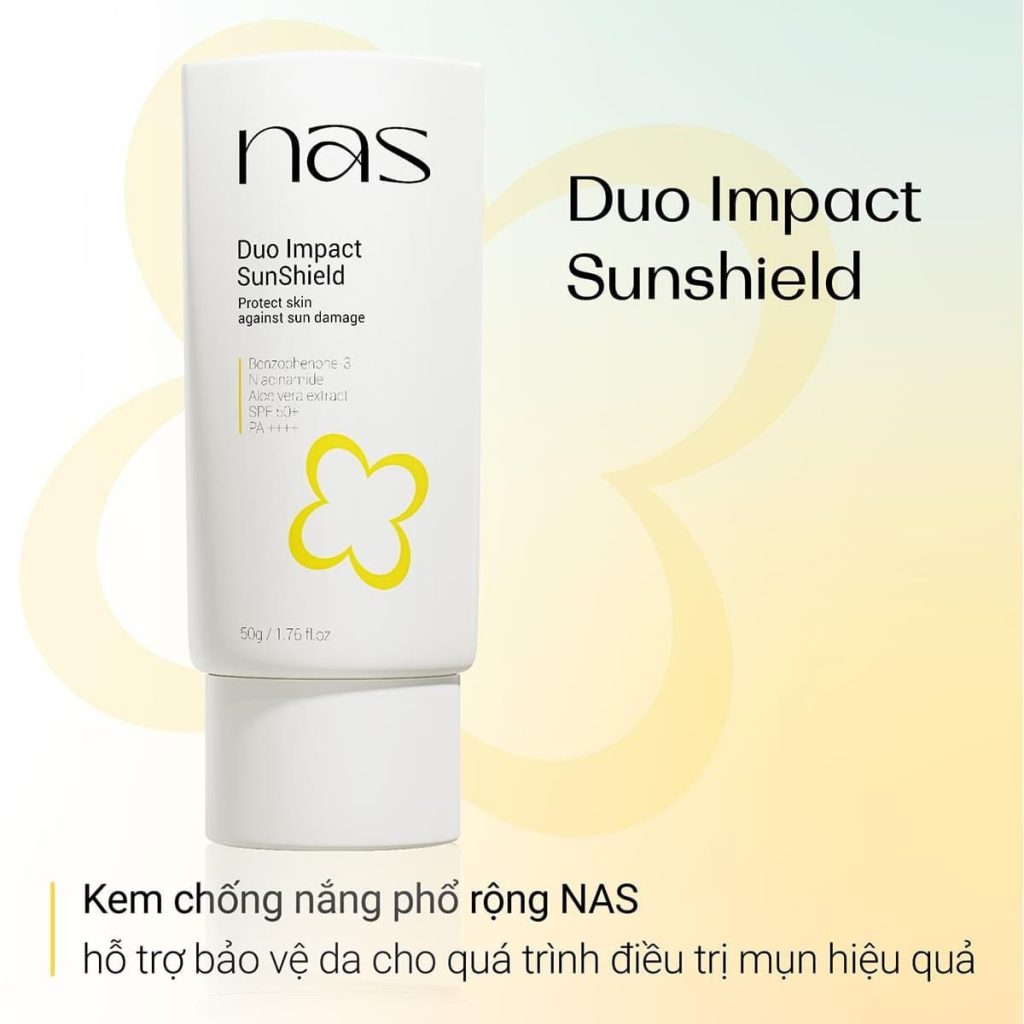 Kem chống nắng Duo Impact Sun Shield SPF 50+/PA++++ NAS bảo vệ da, dưỡng trắng, nâng tone – Tuýp 50g