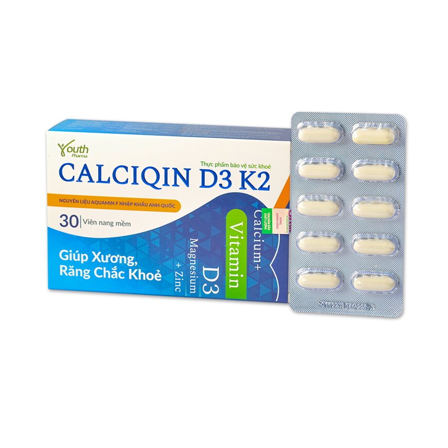 Viên nang mềm Calciqin D3 K2 Youth Pharma bổ sung canxi, D3, K2 giúp xương và răng chắc khỏe, giảm nguy cơ còi xương, loãng xương – Hộp 30 viên