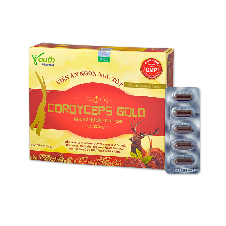 Viên nang mềm Cordyceps Gold Youth Pharma hỗ trợ bồi bổ cơ thể, tăng sức đề kháng, giúp ăn ngon, ngủ tốt –  Hộp 60 viên