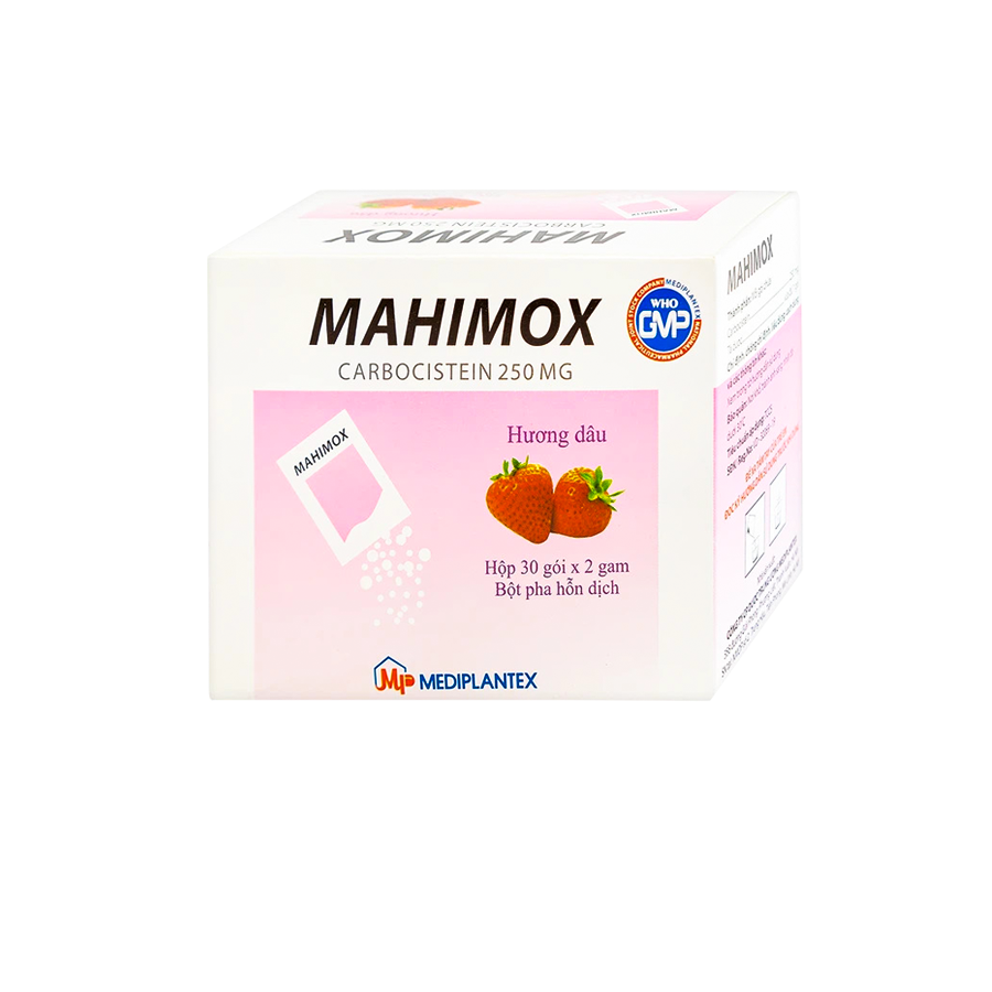 Bột pha hỗn dịch Mahimox 250mg hương dâu Mediplantex điều trị hỗ trợ các rối loạn đường hô hấp – 30 gói x 2g