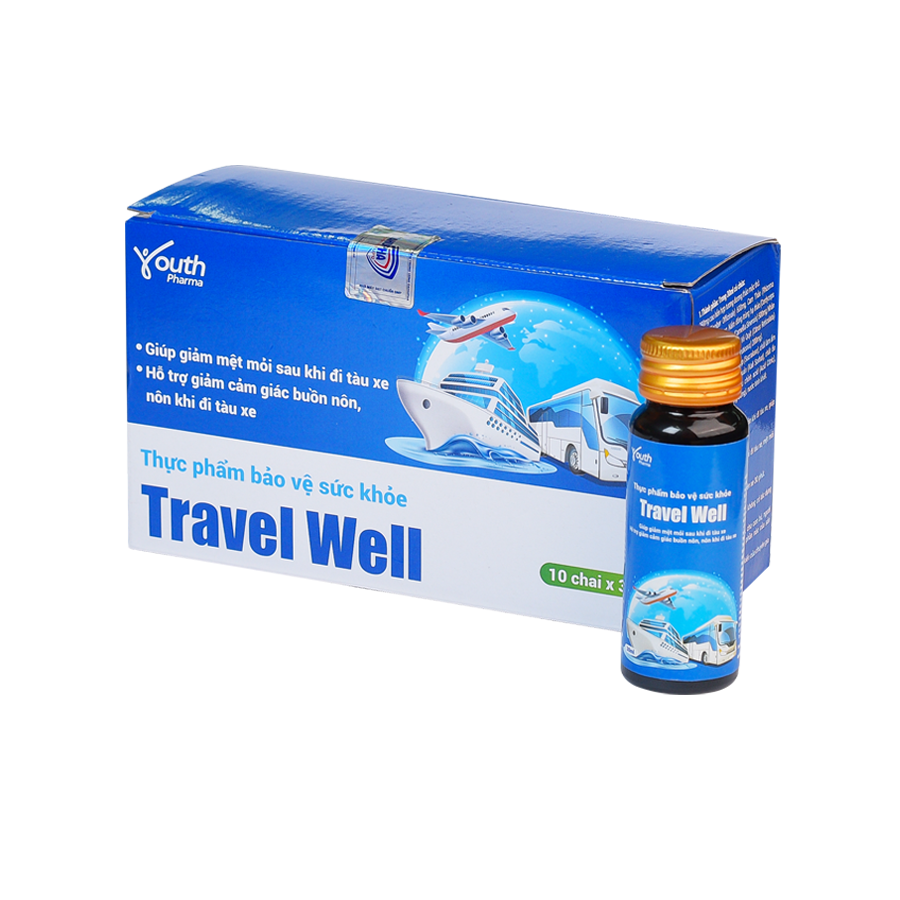 Nước uống thảo dược Travel Well Youth Pharma giảm cảm giác buồn nôn, mệt mỏi do say tàu xe – Hộp 10 chai x 30ml