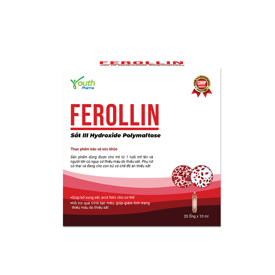 Dung Dịch Uống Ferollin Youth Pharma Bổ Sung Sắt, Acid Folic Hỗ Trợ Quá Trình Tạo Máu – Hộp 20 Ống