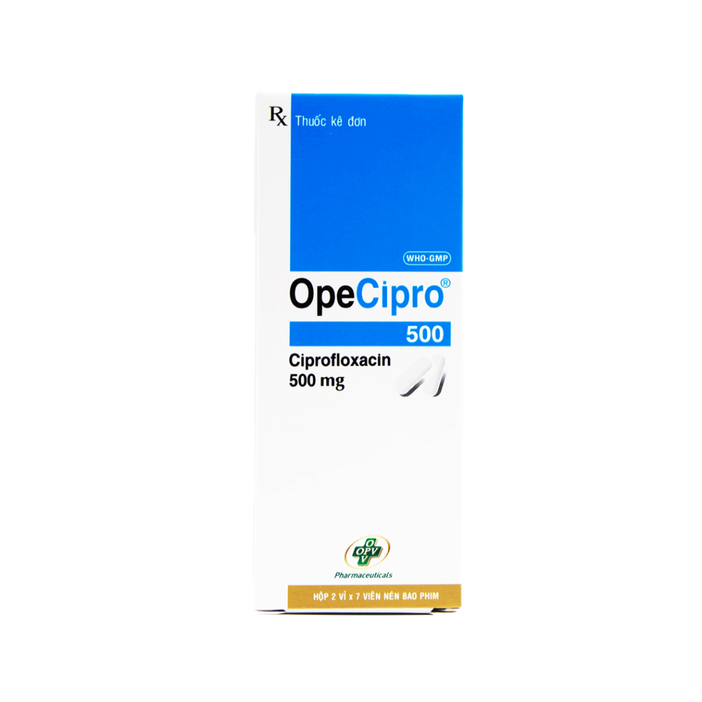 Thuốc viên nén boa phim Opecipro 500 Opv điều trị nhiễm trùng đường hô hấp, nhiễm trùng tiết niệu – 2 vỉ x 7 viên